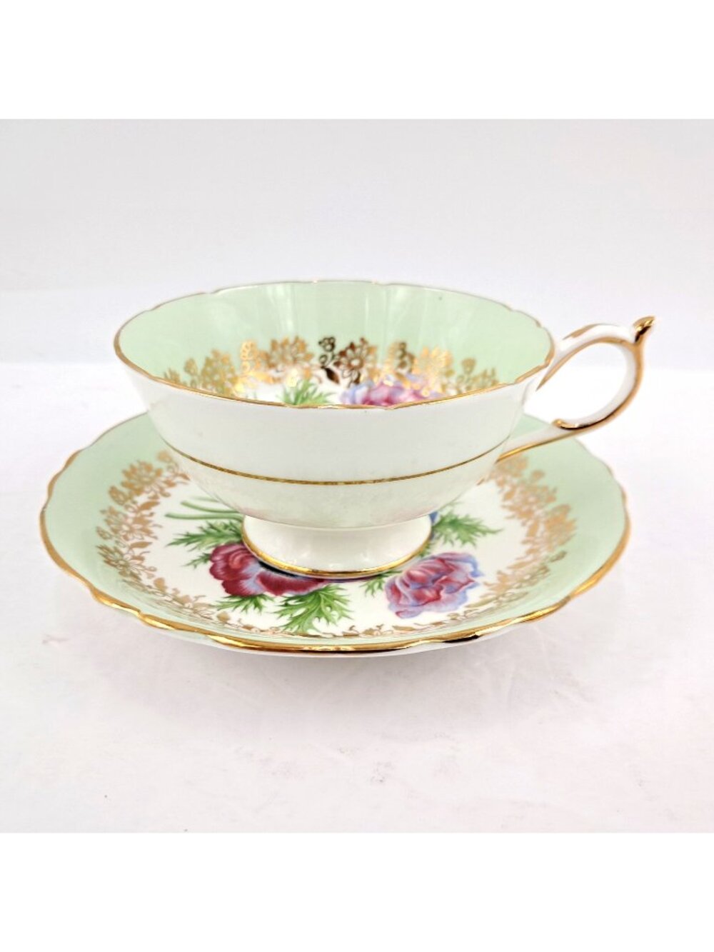 Paragon Mint Green Gold Filigree Teacup & Saucer Floral Iris Anemone Bone China